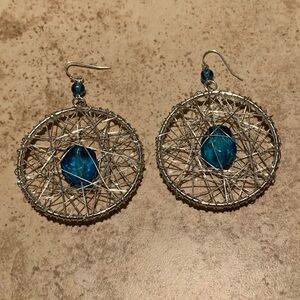 Silver Hoop Dreamcatcher Earrings With Blue Stones